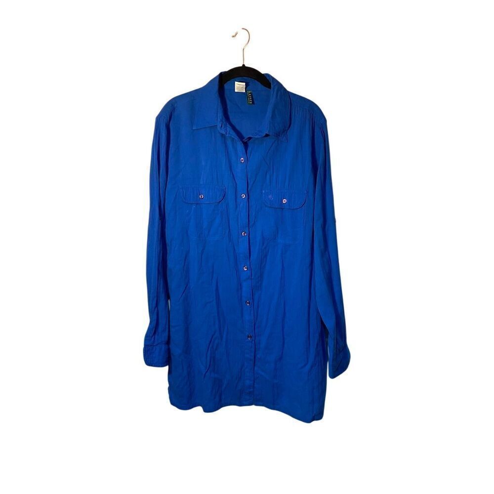 Ralph Lauren women’s blue roll tab, long sleeve tunic, blouse, size med